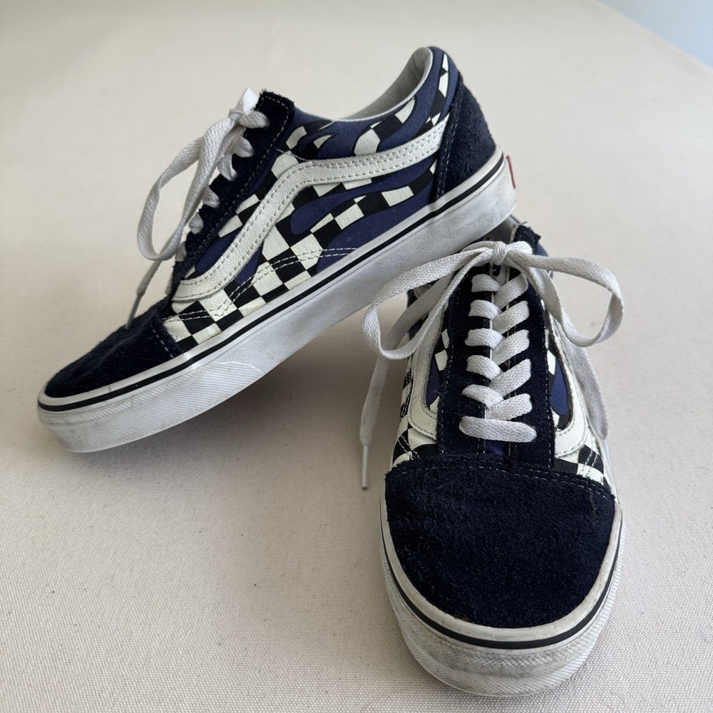 Size 6.0 Men's/7.5 Women VANS Old Skool Blue And White Checkerboard Tie Sneakers